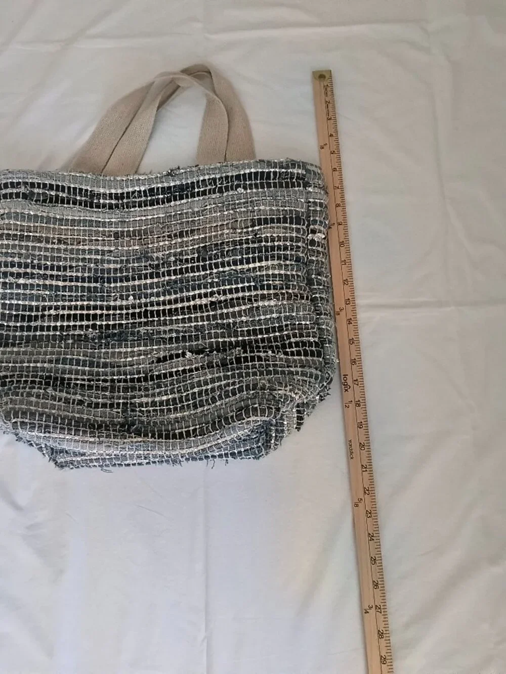 Hand-made in India, oversized blue and silver tote